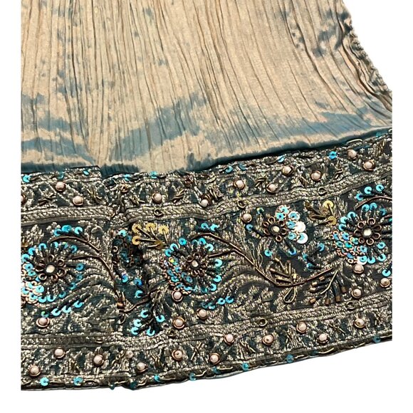 Embroidered Metallic Teal Long Runner  Window Valance With Floral Beaded Edge - Picture 1 of 5